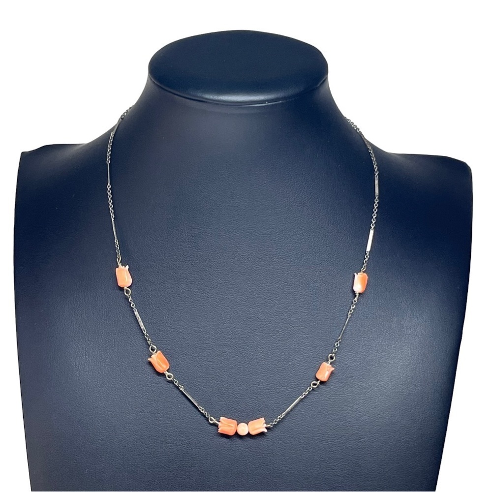 VTG Sterling Pink Coral Carved Rose Necklace 16"